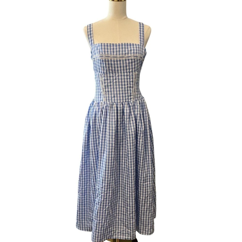 Unbranded Gingham Midi Dress Womens Large Blue White Excellent Lace Cottagecore